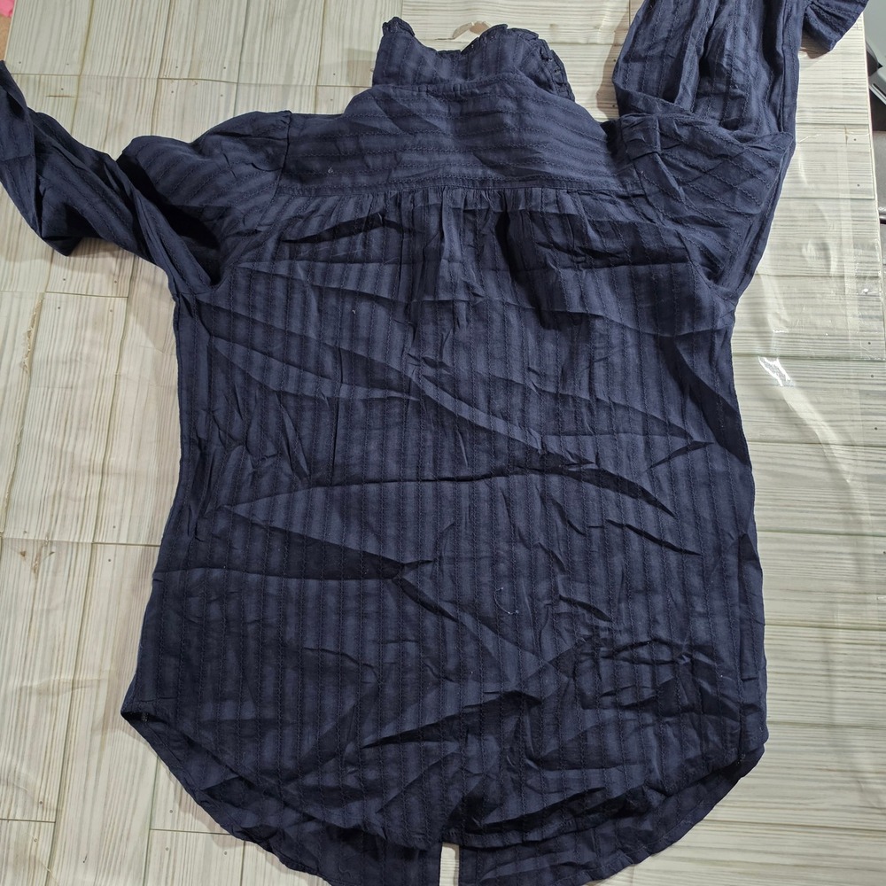Quince Navy Blue Ruffle Peter Pan Collar Stripe Button Down Blouse XS - Picture 2 of 5